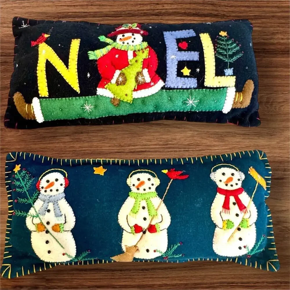 (2) Handmade Felt Pillows Snowman Noel Primitive Appliqué Christmas Holiday